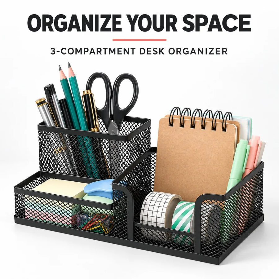 3-Compartment Metal Mesh Desk Organizer – Black Pen Holder with Storage Trays