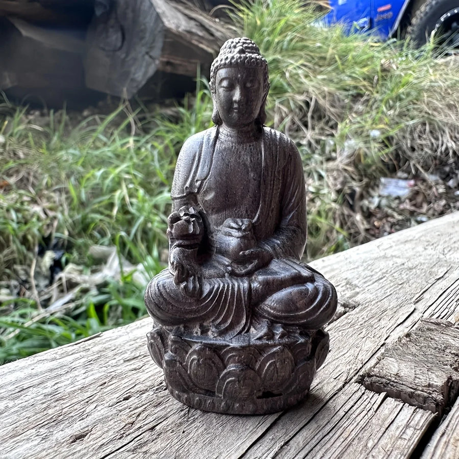 3.8 Inch Wooden Buddha Statue, Hand-Carved Ornament, Folk Style, Suitable for Home Decor, Tea Table Decoration, Desktop Ornament, Office, Bedroom, Centerpiece Decoration, Housewarming Gift
