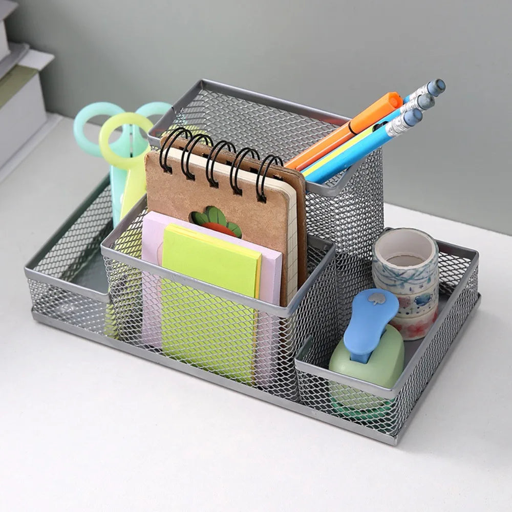 3-Compartment Metal Mesh Desk Organizer – Black Pen Holder with Storage Trays