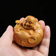 Miniature Laughing Buddha Maitreya Sculpture Wooden Mini Handmade Statue Woodcarving Buddha Statue Craft Gift