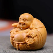 Miniature Laughing Buddha Maitreya Sculpture Wooden Mini Handmade Statue Woodcarving Buddha Statue Craft Gift