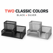 3-Compartment Metal Mesh Desk Organizer – Black Pen Holder with Storage Trays