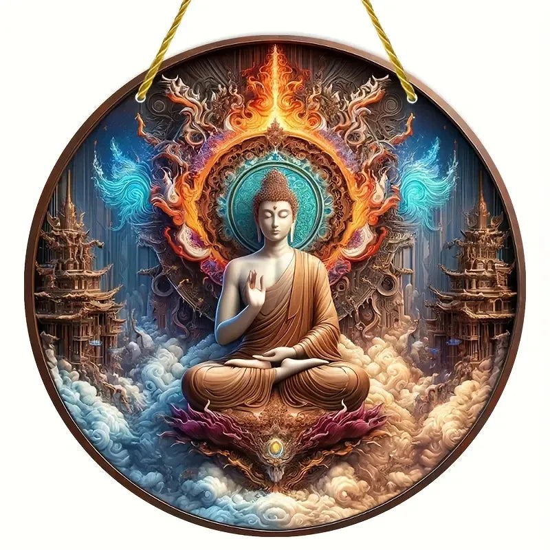 Buddha Art Sign - Round Wooden Sign Suitable for Home Living Room, Restaurant, Office, Garage, Bar, Coffee Shop Decoration, Gift