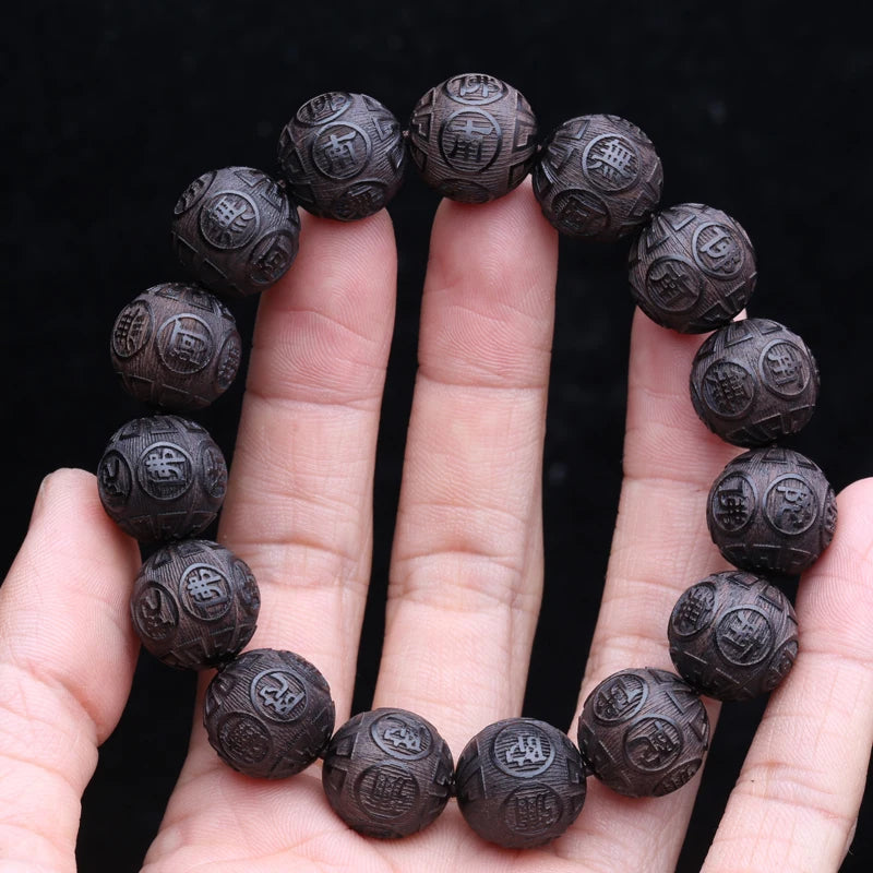 Genuine Natural Black Wooden Beads Tibetan Buddhist Tools 12 Beads Prayer Bracelet Beaded Men's Bracelet