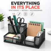 3-Compartment Metal Mesh Desk Organizer – Black Pen Holder with Storage Trays