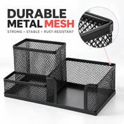 3-Compartment Metal Mesh Desk Organizer – Black Pen Holder with Storage Trays
