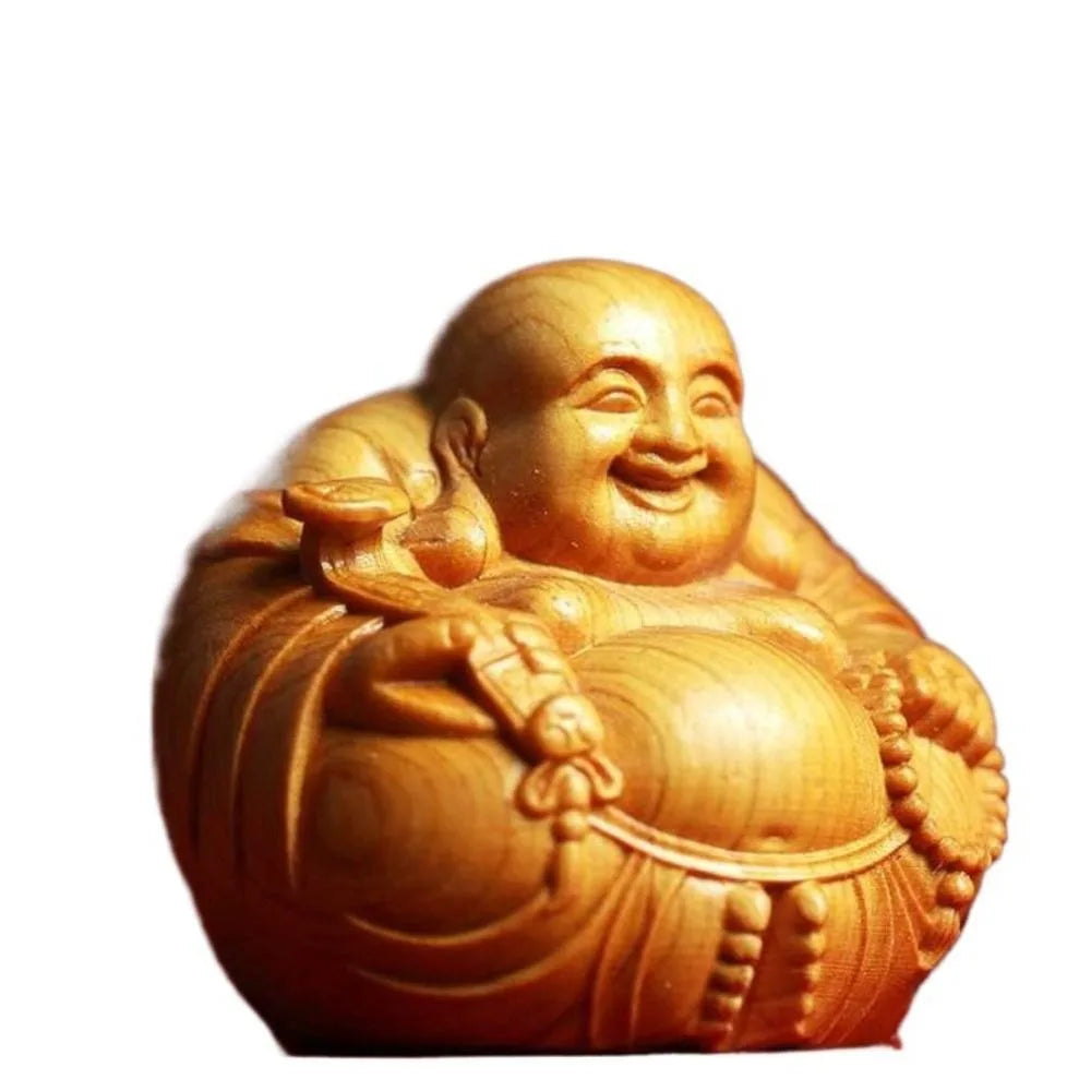 Miniature Laughing Buddha Maitreya Sculpture Wooden Mini Handmade Statue Woodcarving Buddha Statue Craft Gift