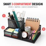 3-Compartment Metal Mesh Desk Organizer – Black Pen Holder with Storage Trays
