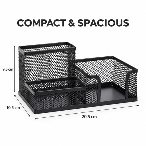 3-Compartment Metal Mesh Desk Organizer – Black Pen Holder with Storage Trays