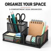 3-Compartment Metal Mesh Desk Organizer – Black Pen Holder with Storage Trays