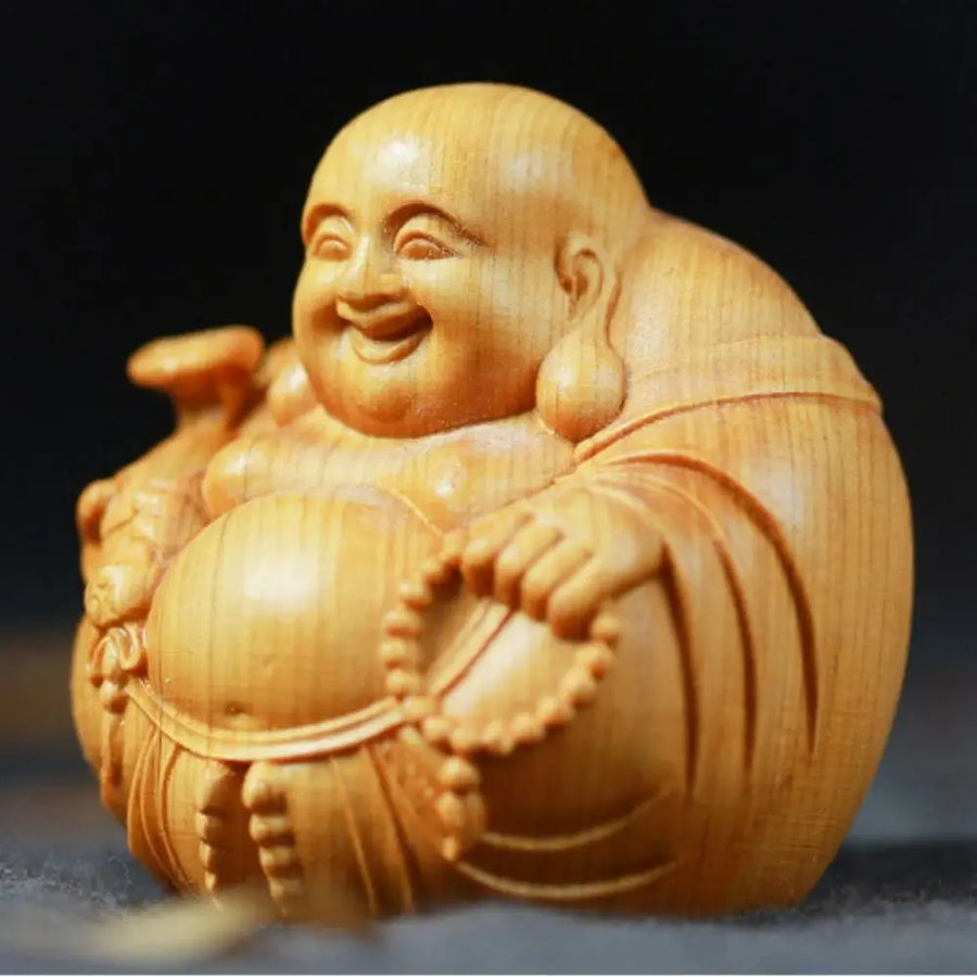 Miniature Laughing Buddha Maitreya Sculpture Wooden Mini Handmade Statue Woodcarving Buddha Statue Craft Gift