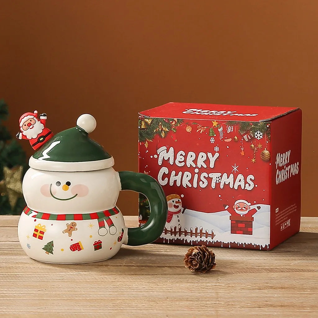 Cartoon Christmas Themed Ceramic Mug 400ml With Lid and Spoon Cute Holiday Drinking Cup For Christmas Gift
